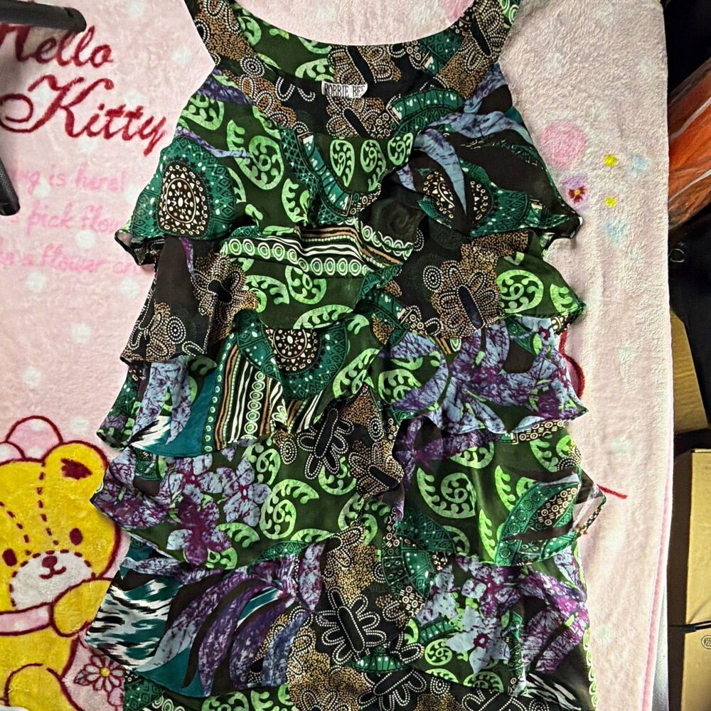 Vtg Robbie Bee Fit & Flare Ruffle Layered Chiffon Lined Dress 14P Petite Y2K